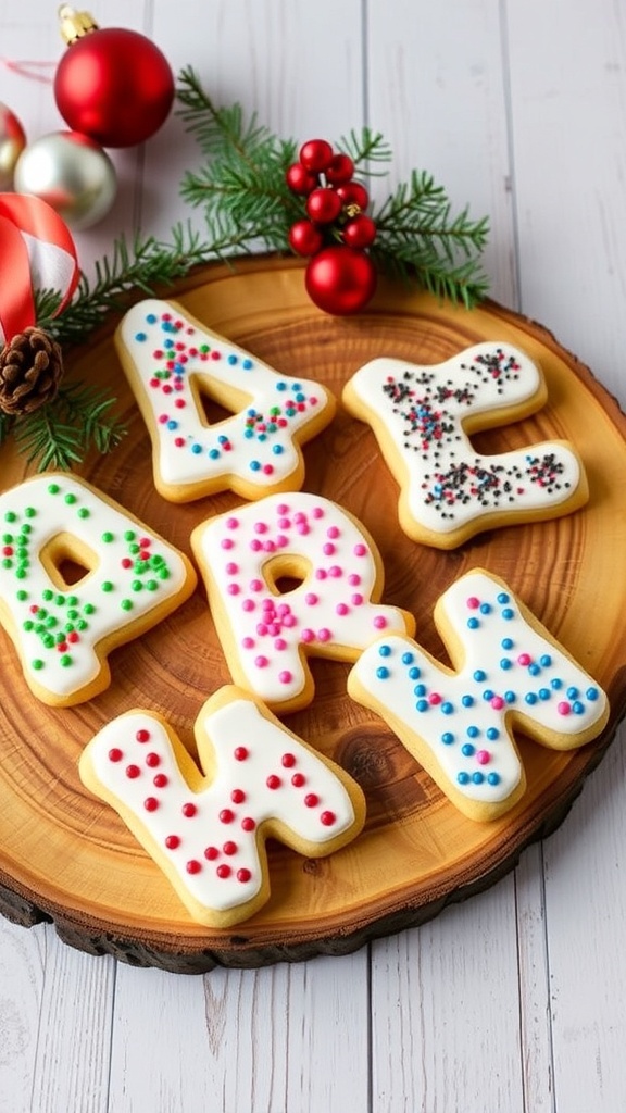 Christmas Wishlist Font Cookies A variety of letter-shaped cookies decorated with icing and sprinkles, displayed on a wooden platter with holiday decorations.